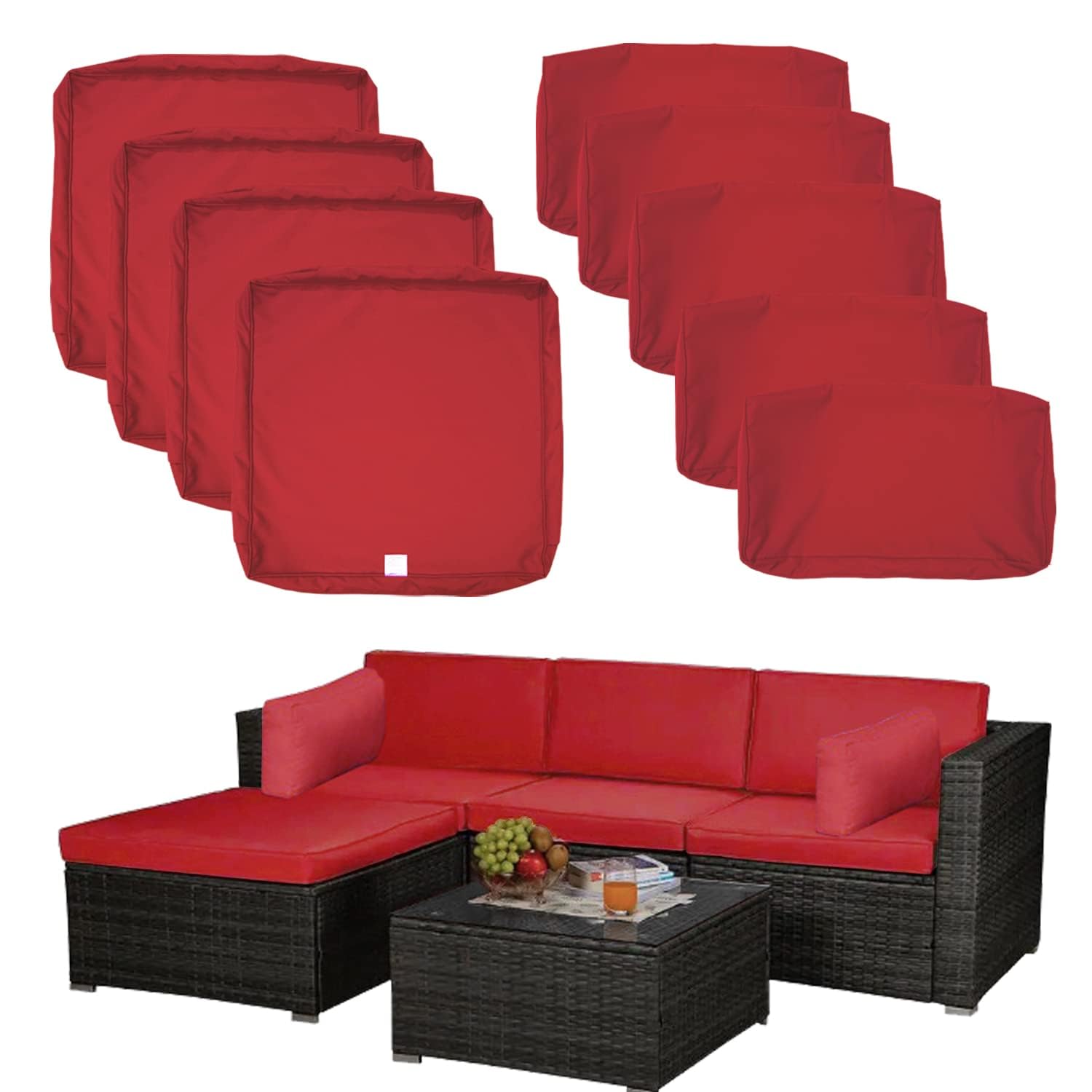 9 Pack Outdoor Seat Cushion Back Pillow Replacement Covers Fit for 5 Pieces 4-Seater Wicker Rattan Patio Furniture Conversation Set Sectional Couch Chairs Sofa,Fade-Resistance,Red-Cover Only