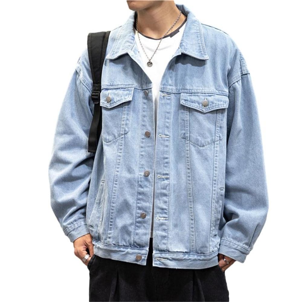 Men Denim Jacket Basic Lapels Button Placket Denim Jacket Loose Retro Men Transitional Jacket Spring Autumn Casual Jacket Daily All-Match Men Long Sleeve Jacket