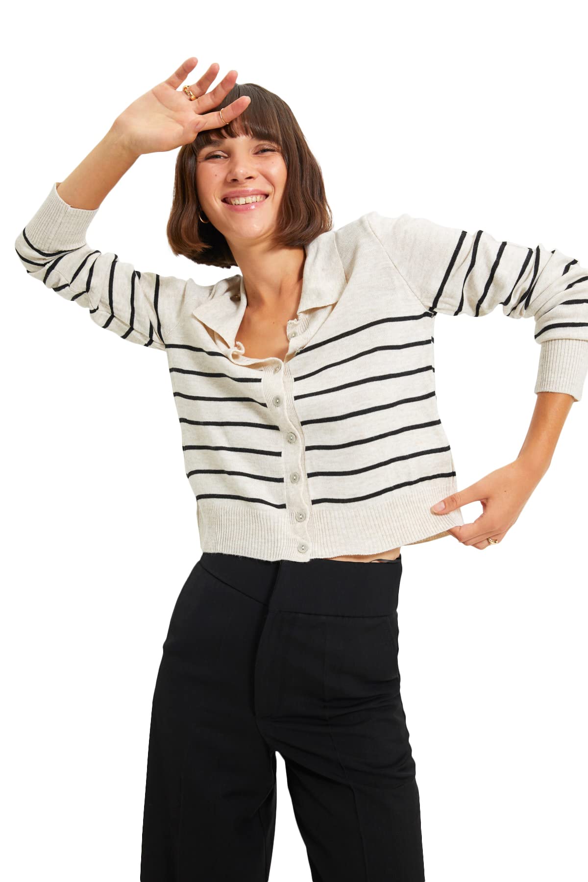 Trendyol Damen Beige Polo Collar Striped Knitwear Cardigan Sweater, Beige, S EU