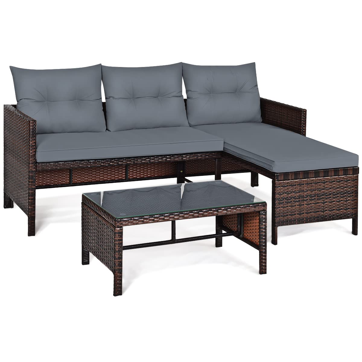 COSTWAY 3 Piece Patio Furniture Set, Outdoor Wicker Rattan Sectional Sofa with Cushions and Tempered Glass Coffee Table for Poolside, Garden, Porch,