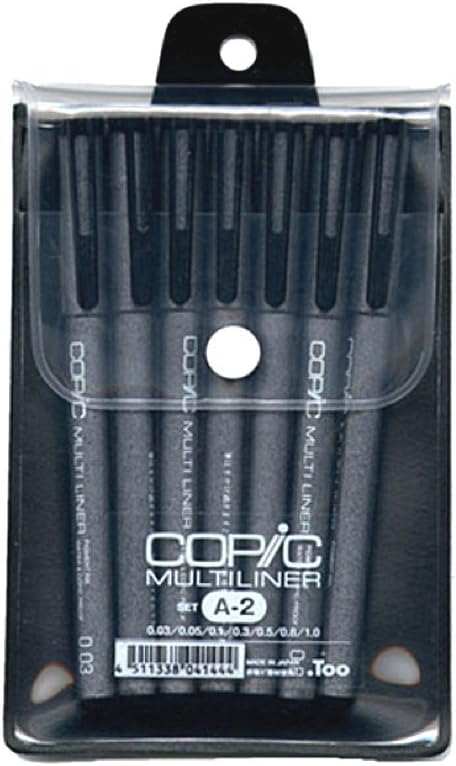 Copic Multiliner Waterproof Pigment Ink Pens Set A2, Pack of 7, Black Ink (MLA2)
