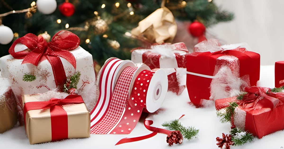 Stoffbänder rot und weiß kariertes Band zum Basteln, Ripsband gestreift für Geschenkverpackungen, 2,5 cm Organza-Punktband, 27,5 m