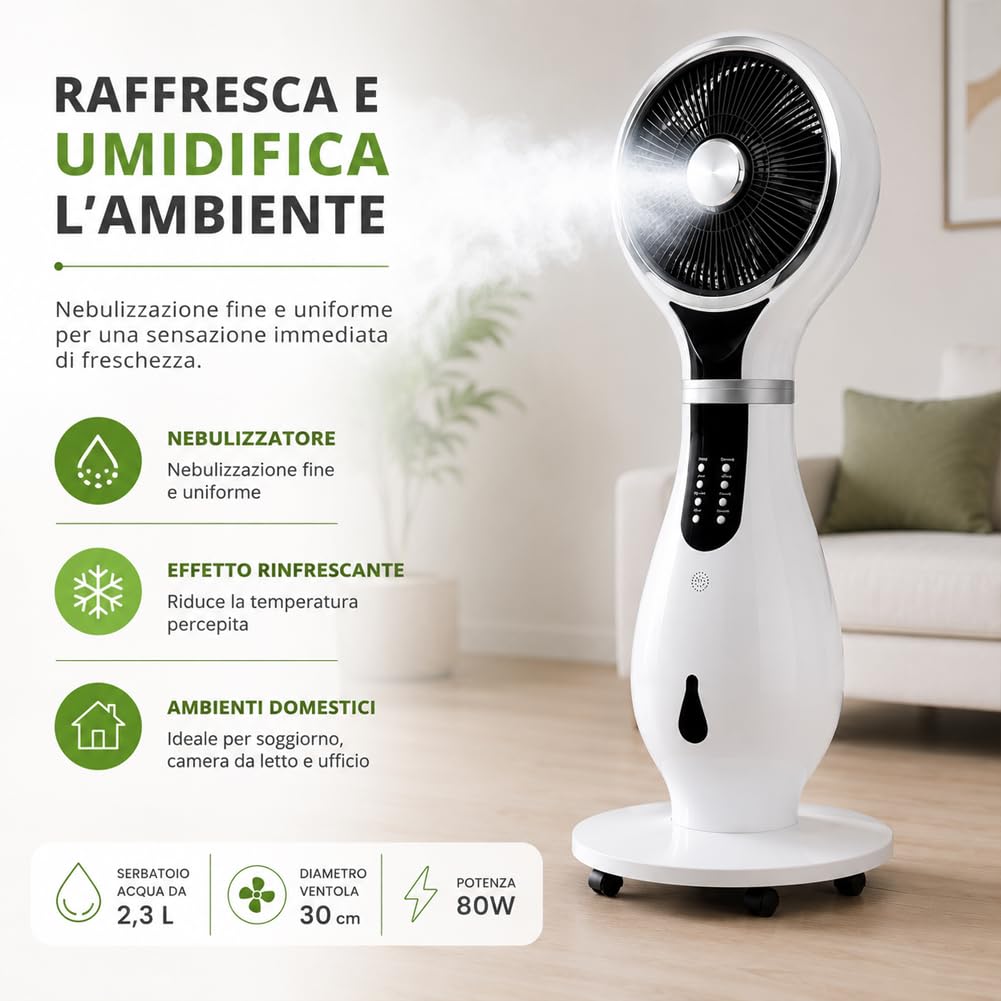 BAKAJI Ventilatore con Ruote a Piantana 80W Combinato 3in1 LED Display con Umidificatore, Anti Zanzare e Funzione Ionizzatore, Air Fun Diametro 40 cm e Alt. 110cm, Spegnimento Automatico, Telecomando