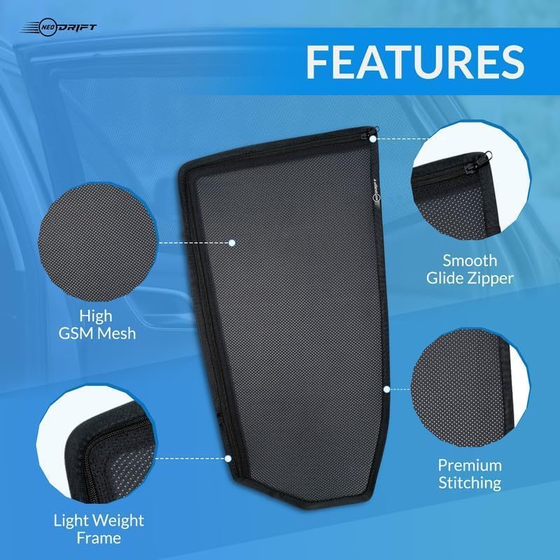 Image of NEODRIFT 'NeoShade' Magnetic Car Sunshades for Hyundai i20 Elite (2015-2019) - Set of 4 (Front + Rear Windows) | UV Protection, Magnetic Grip, Rear Zipper Shades, Privacy & Heat Control