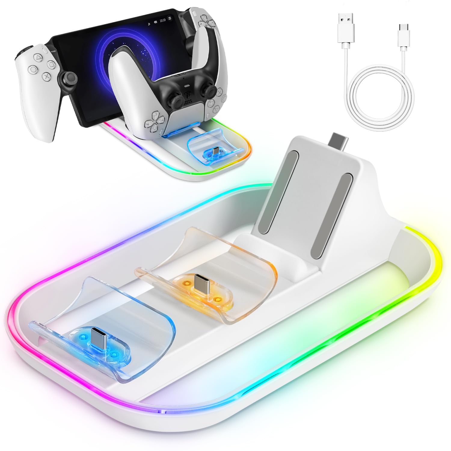 Charger Station for PlayStation Portal, Charging Dock with with 14 RGB Light & USB Type C Cable, Charge Base Holder for PS5 Controller & PlayStation Portal Remote Player Accessories (White)