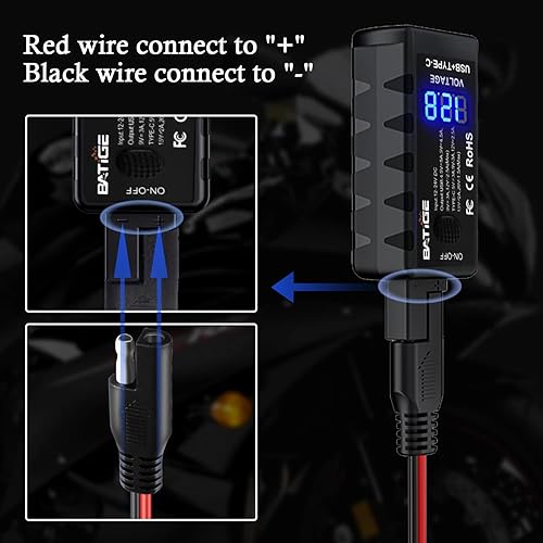 Miniatura 3 de BATIGE Motorcycle USB Charger SAE to USB Adapter Type C and Quick Charge USB 3.0 with Voltmeter, ON/Off Switch and 3.6FT SAE Extension Cable