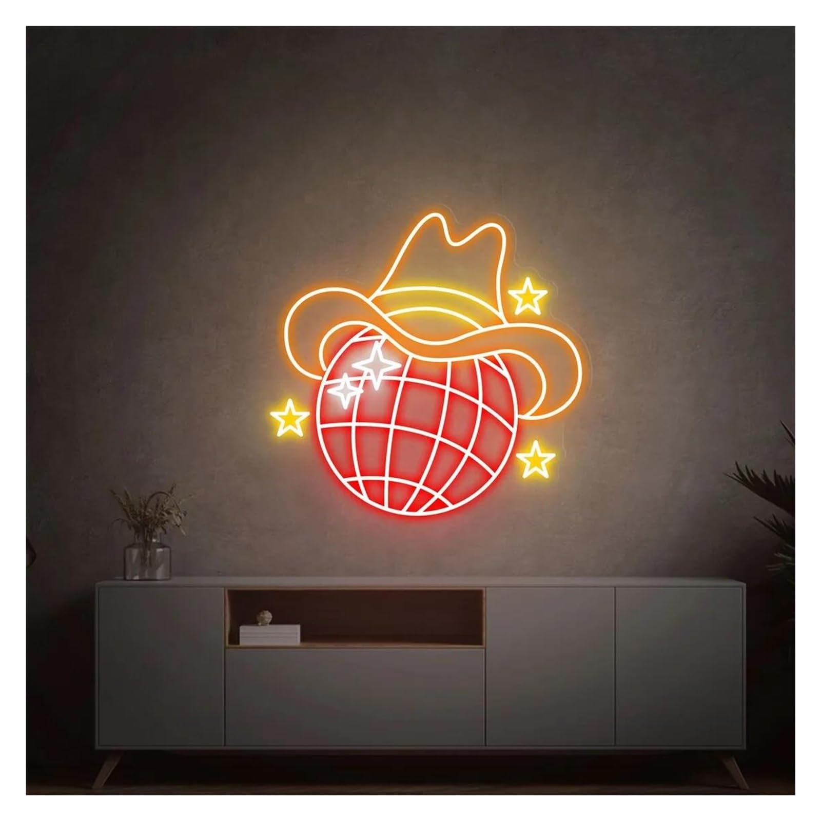 LEMST Signs Lamp Retro Disco Ball Neon Signs USB Powered, Adjustable Brightness Neon Lights Cowboy Hat Suitable for Shop Decor Commercial Light(F,50cmx50cm)