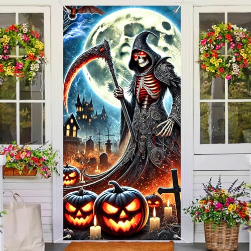 Image of BlissYard Halloween Door Cover Bats Grim Reaper 35x71 Inch Polyester | Door Banner, Wall Decor | Grim Reaper Entry Accent, Jack Lantern Backdrop | Porch, Hallway, Party (Gothic Art)