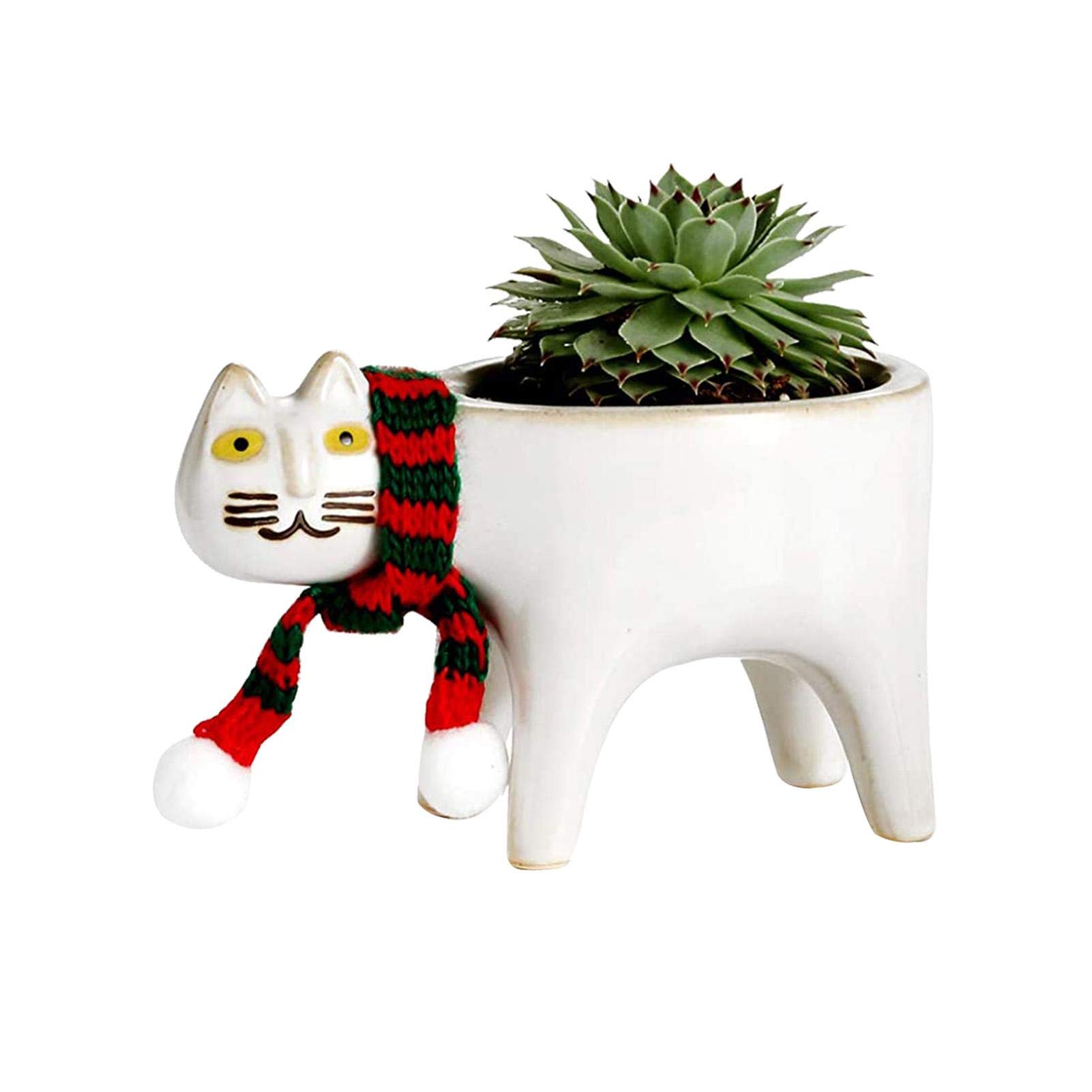 Courti White Cat Planter,Ceramic Animal Planter Pots, Cute Cat Cactus Flowerpot, Cartoon Animal Ceramic Bonsai Holder Planter Plant Container