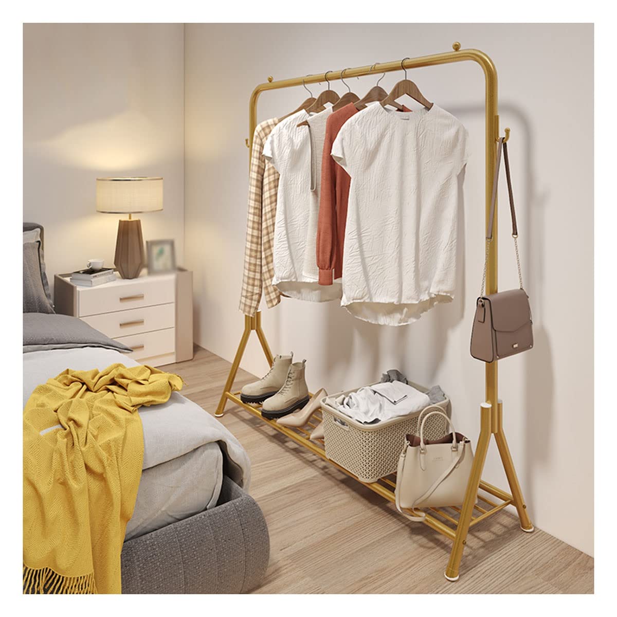 YNBSHGAA Freestanding Clothing Rack Garment Rack Heavy Duty Clothes Rack 2 Side Hooks for Indoor Bedroom Clothes Rack/Gold/100Cm,Gold-80Cm