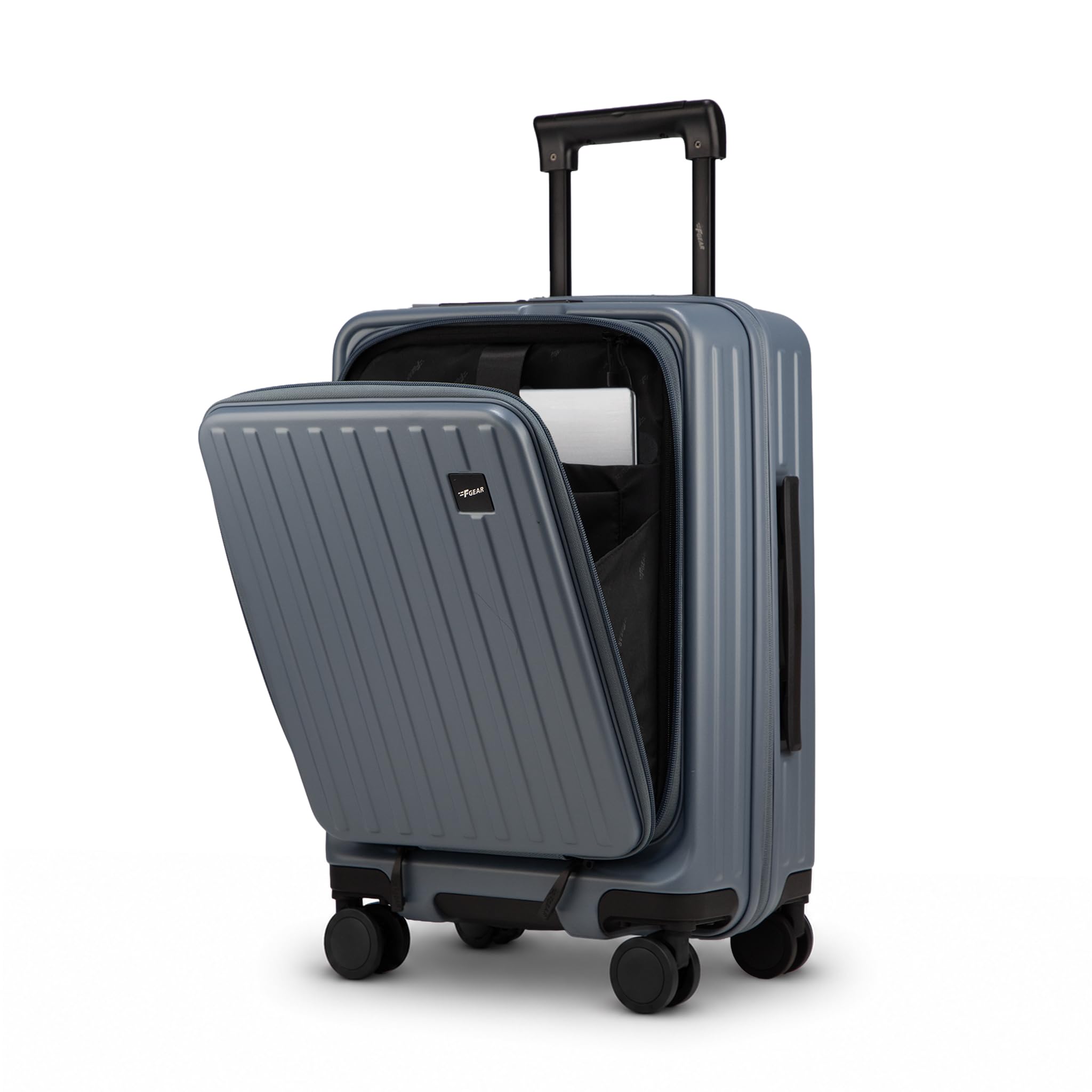 Sedona Small Cabin Pro 54cm German Polycarbonate Hard Luggage|8 Japanese Hinomoto Silent Wheels| USB & Type-C Charging, Phone Stand & Cup Holder | Front Opening Suitcase for travel (Stone Blue)