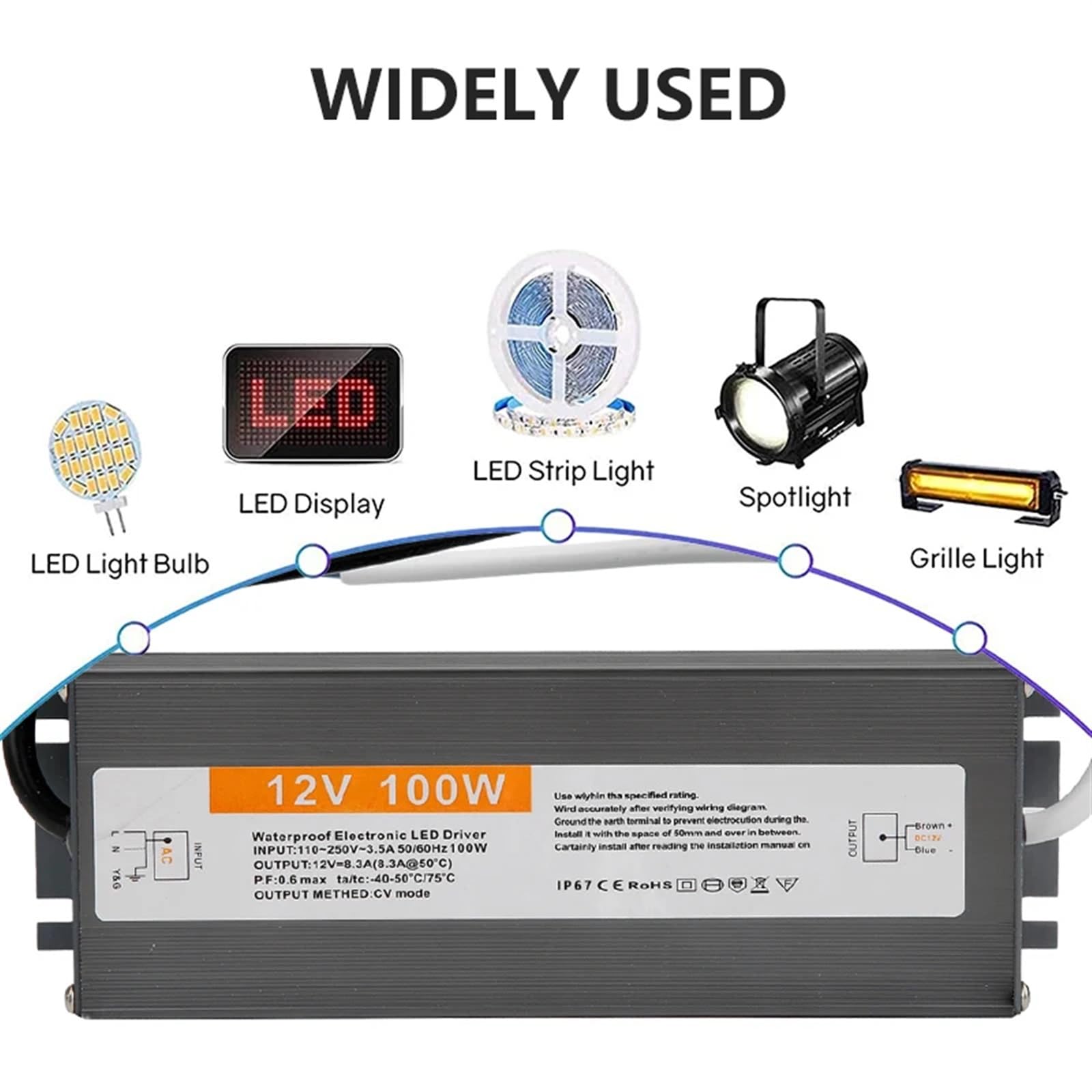 Illuminazione 110-250 V CA a CC 12 V 100 W 8,3 A Adattatore driver LED Alimentatore switching impermeabile in alluminio for esterni IP67