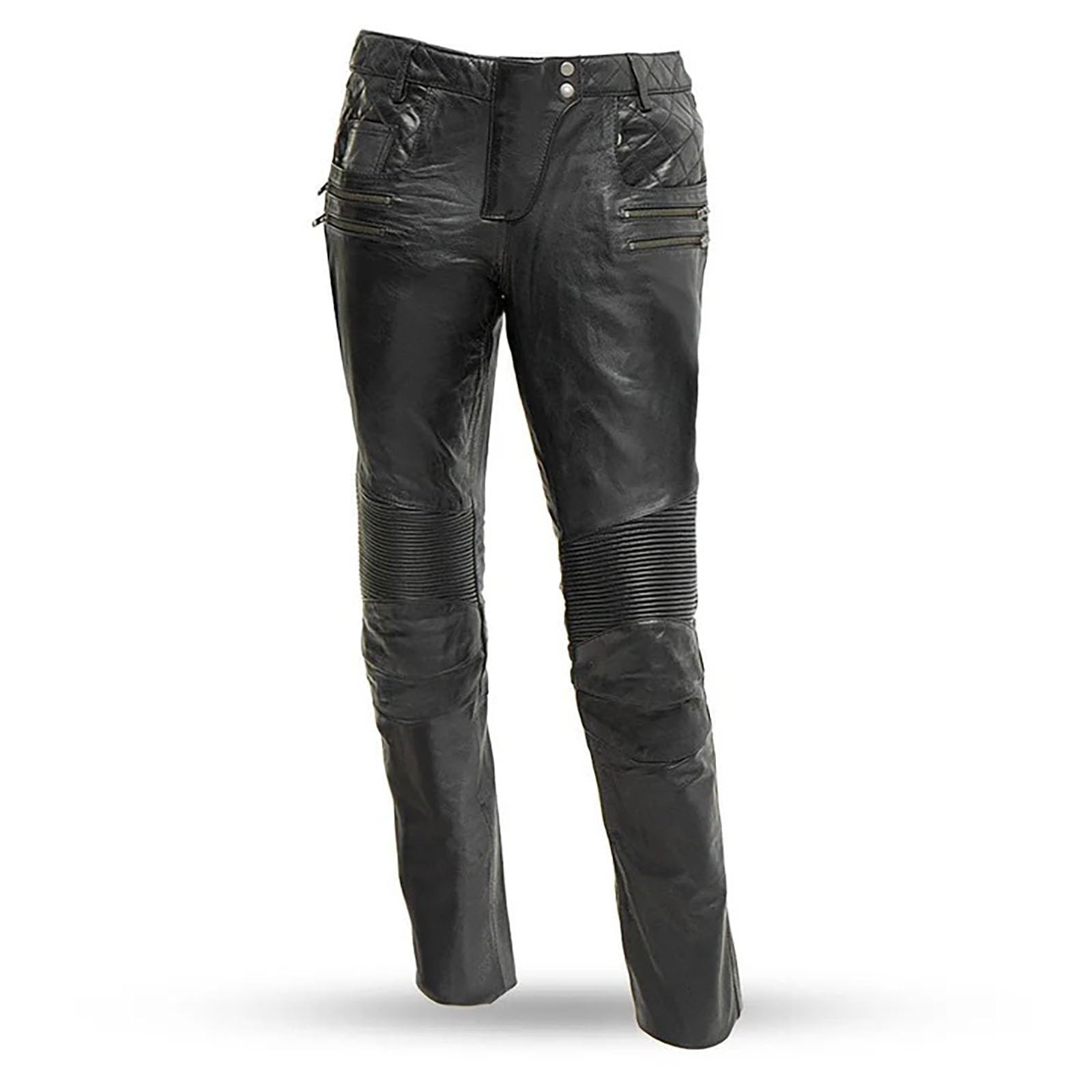 First Mfg Co Vixen Lightweight Leather Pants: 0.8-0.9mm Cowhide, Quilted Detail, Stretch Panels, Satin Lining. Black