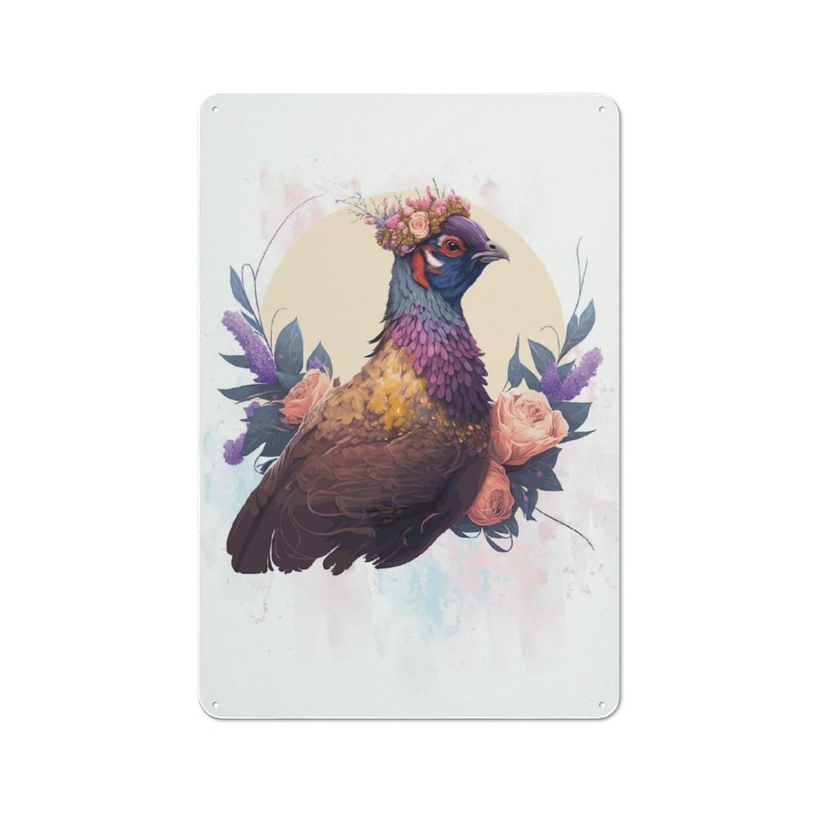 Junmoney Style-22 Metal Sign 30X20cm With Floral Watercolor Pheasant For Workshop Wall, Rustic Decor, Wall Decoration For Workshops And Hobby Rooms
