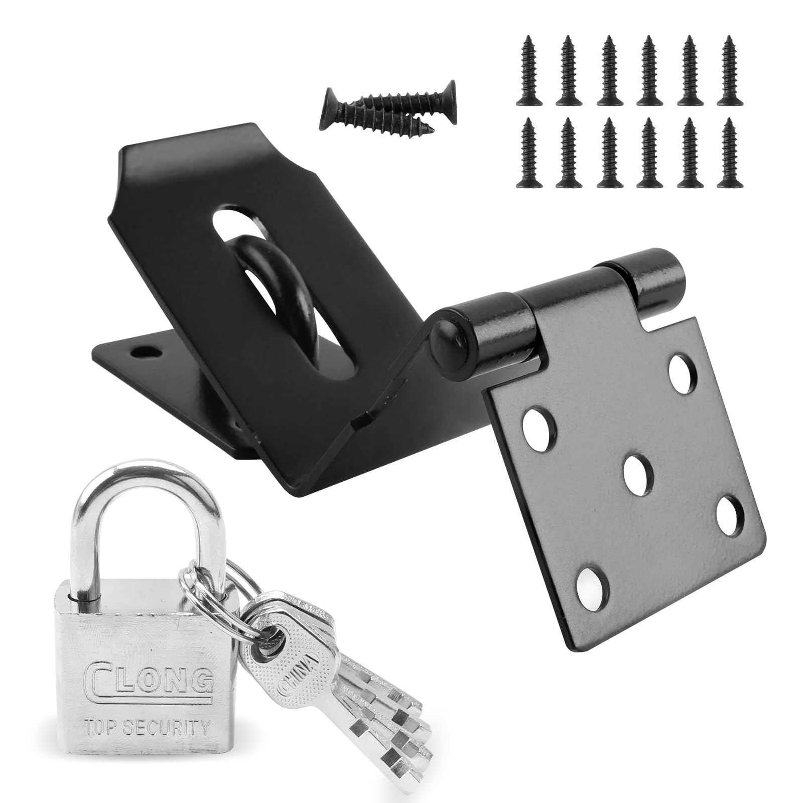 HOWDIA 4 Inch Door Lock Latch Padlock Hasp Set, 90° Latch Lock with Screws and Padlock Stainless Steel Safety Right Angle Padlock Hasp Latch Security Door Clasp Hasp for Shed/Gate/Storage Lock(Black)