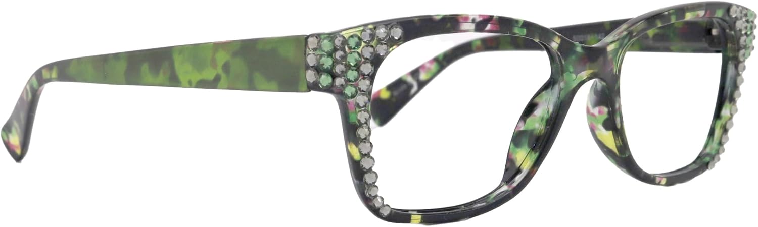 NY FIFTH AVENUE Azul, (Bling) Reading Glasses for Women W (Black Diamond, Green) Crystals (Green Square Frame)