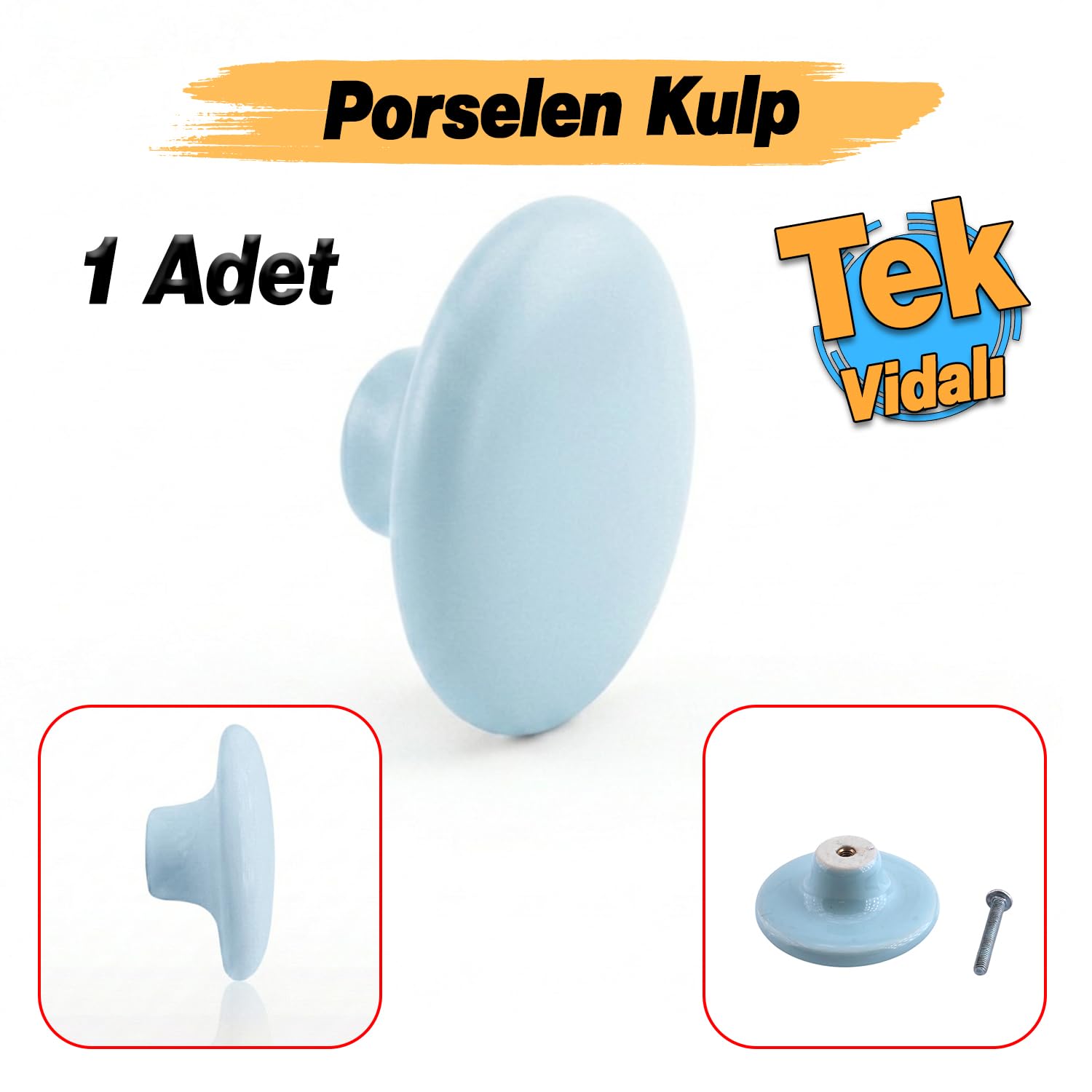 (1 Adet) Porselen Yuvarlak Düz Mavi Renk Mobilya Mutfak Gardrop Dolabı Kapak Kulpu Çekmece Kulbu