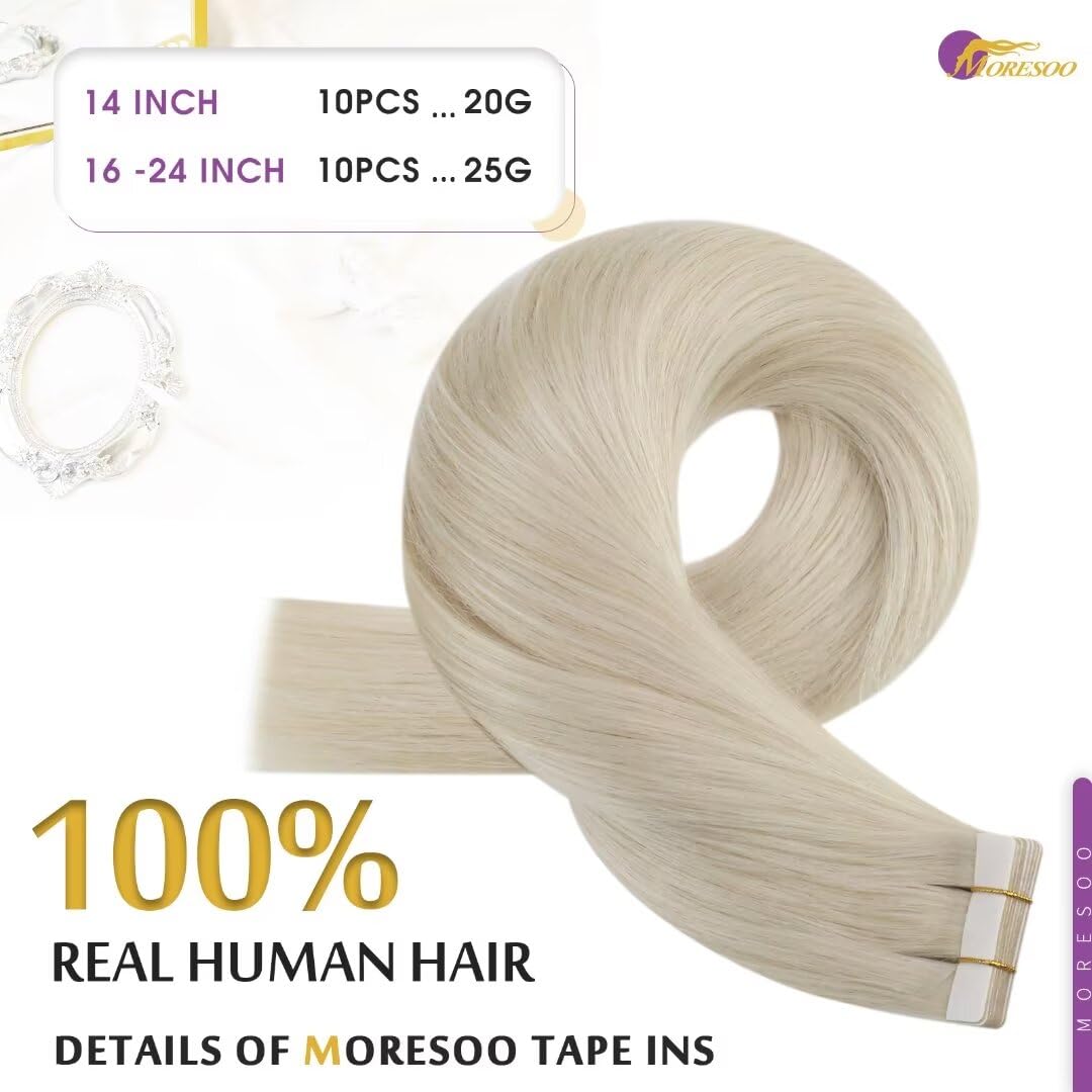 Moresoo Tape in Hair Extensions Human Hair 24 Inch Platinum Blonde Tape Extensions Human Hair Blonde Double Sides Tape-ins Invisible Natural Looking 10pcs/25g #60 - Image 3