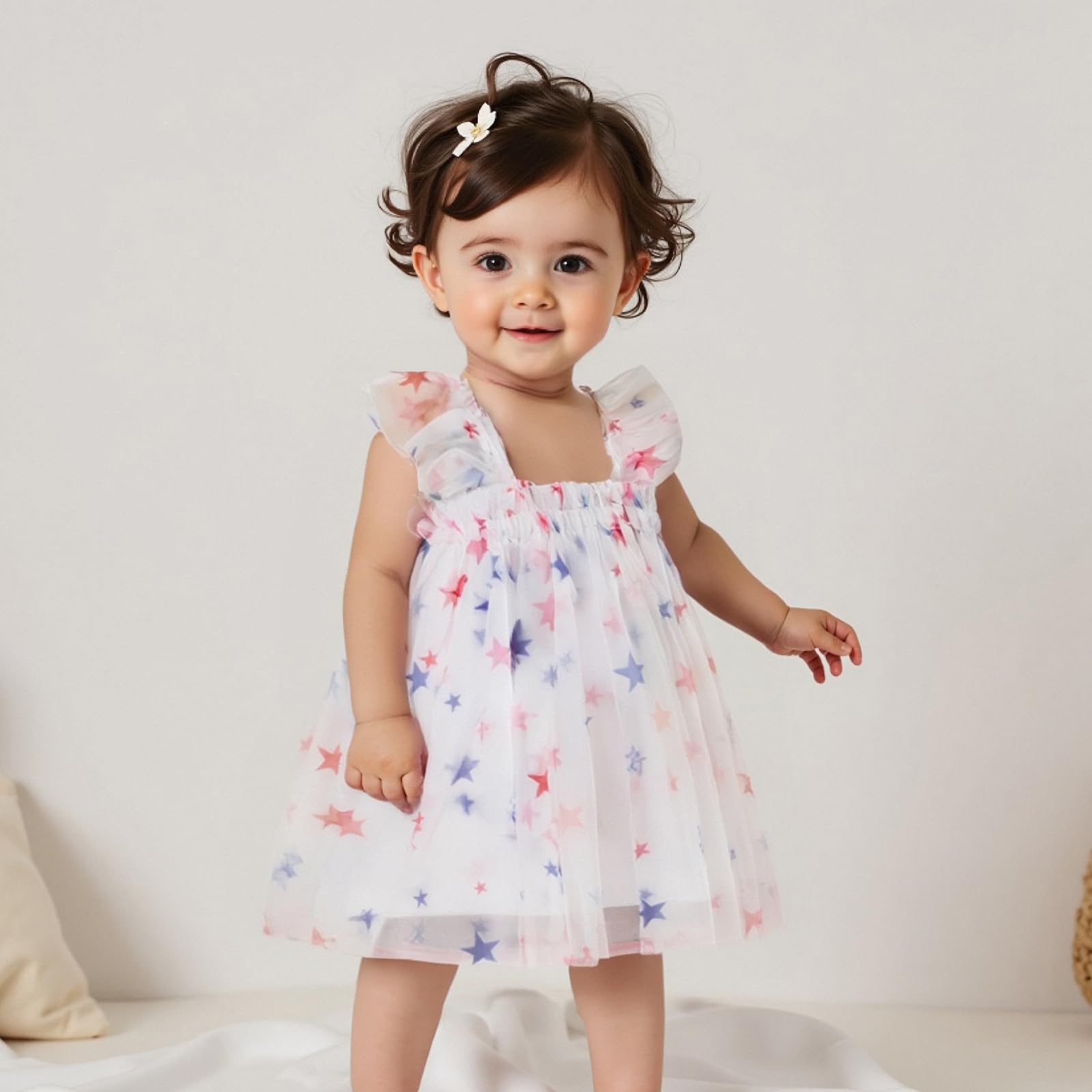 BABWWNIX Toddler Girl 4th of July Dress USA Stars Patriotic Spaghetti Strap Summer Tutu Dresses Fourth of July Baby Outfits (White, 2-3 Years)