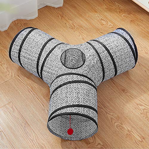 Image of Tempcore Cat Tunnel for Indoor Cats, 3 Way Collapsible Pet Play Tunnel with Teaser Wand, Peek Holes & Hanging Ball, Interactive Tube for Kittens & Rabbits, Grey Coin