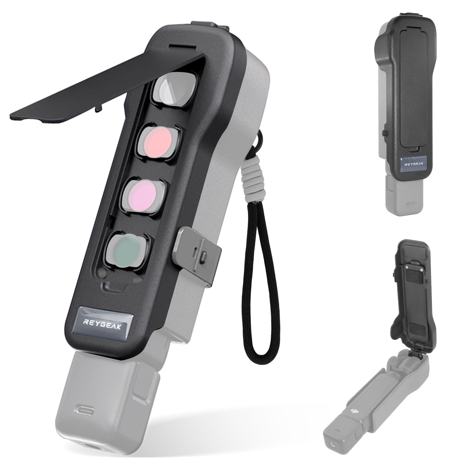 REYGEAK Pocket 3 Custodia protettiva per obiettivo, design speciale, protezione completa per DJI Pocket 3 accessori, si possono registrare quattro filtri contemporaneamente. Corda regalo a mano