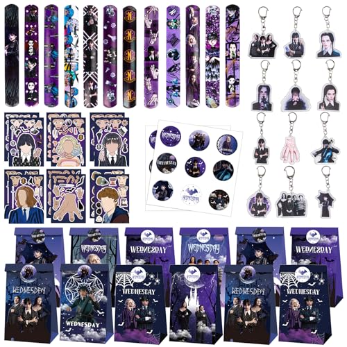 Wednesday Party Bag Childrens Birthday Set Snap Bracelet Childrens Set Party Gift Bag Birthday DIY Stickers Children Key Chain Children for Boys and Girls Party Favours 48 Pieces