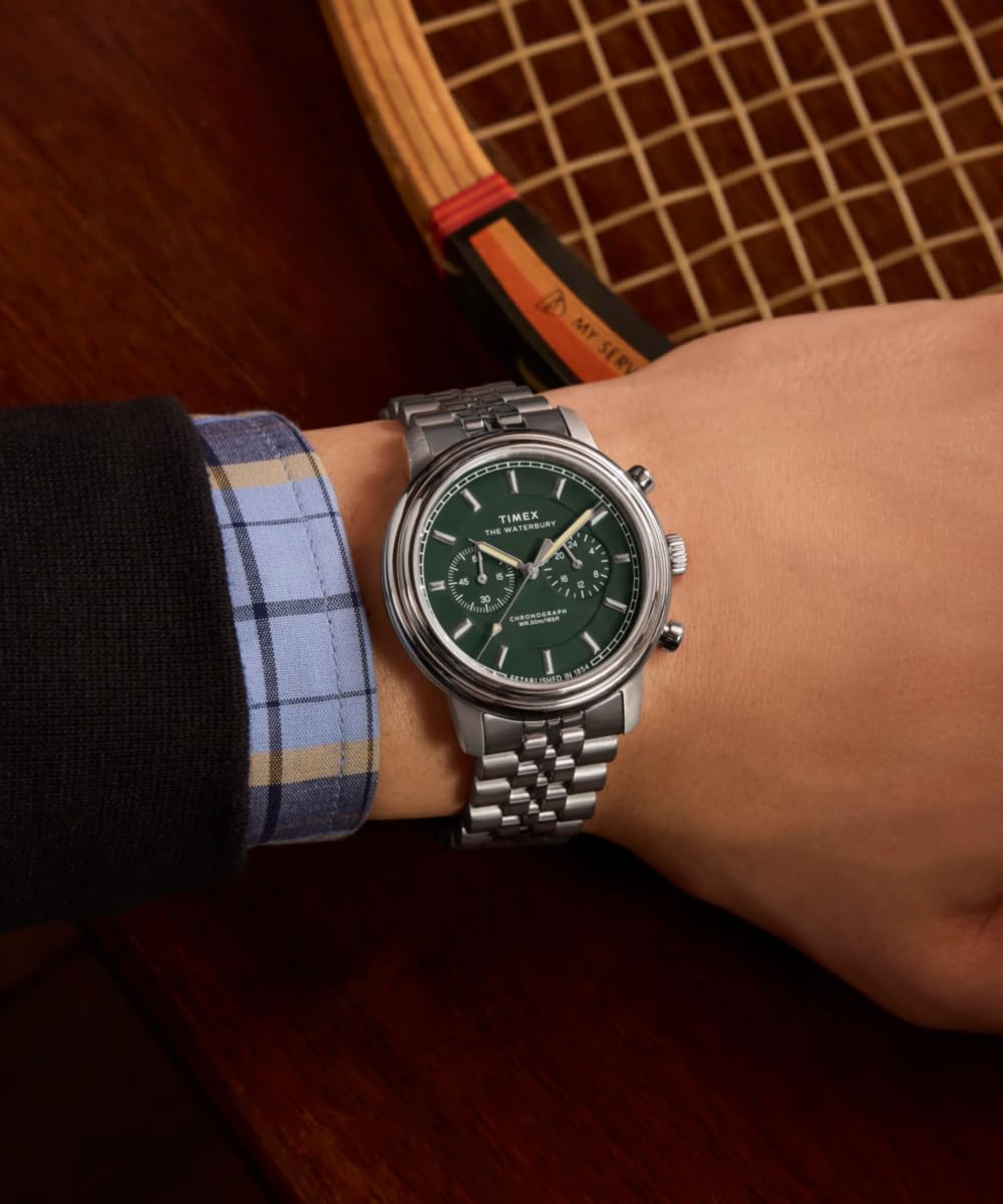 Timex Waterbury Metropolitan Chronograph Tw2Y23600 Zegarek Męski, 41 mm, Bransoleta ze Stali Nierdzewnej i Zielona Tarcza