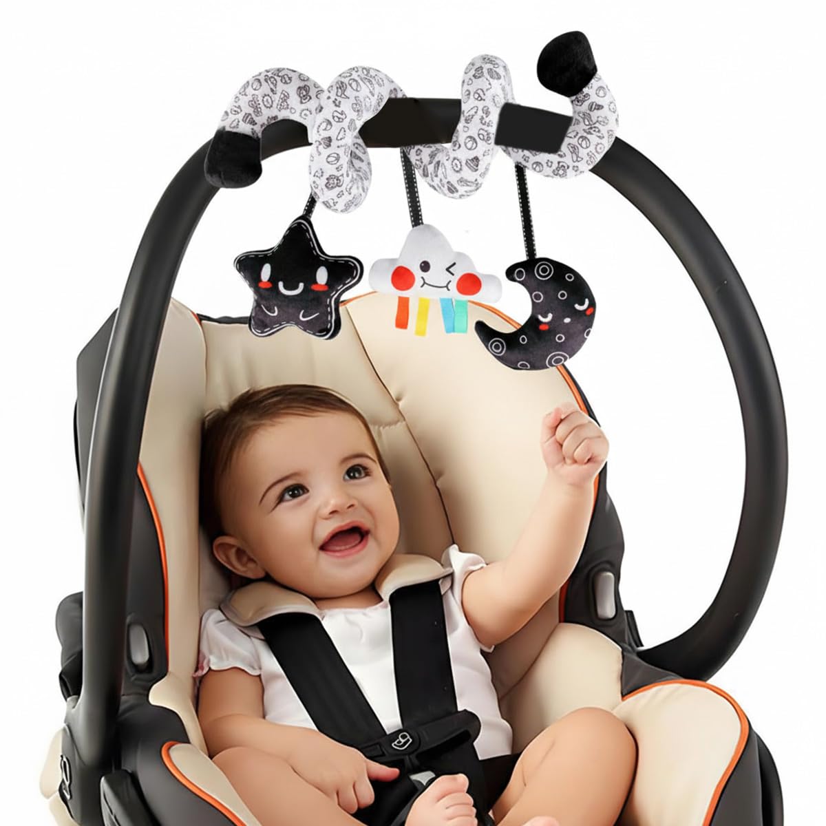 SNOWIE SOFT® Spiral Car Seat for Babies 0-6 Months, Black High Contrast Plush Hanging Baby Stroller Toys