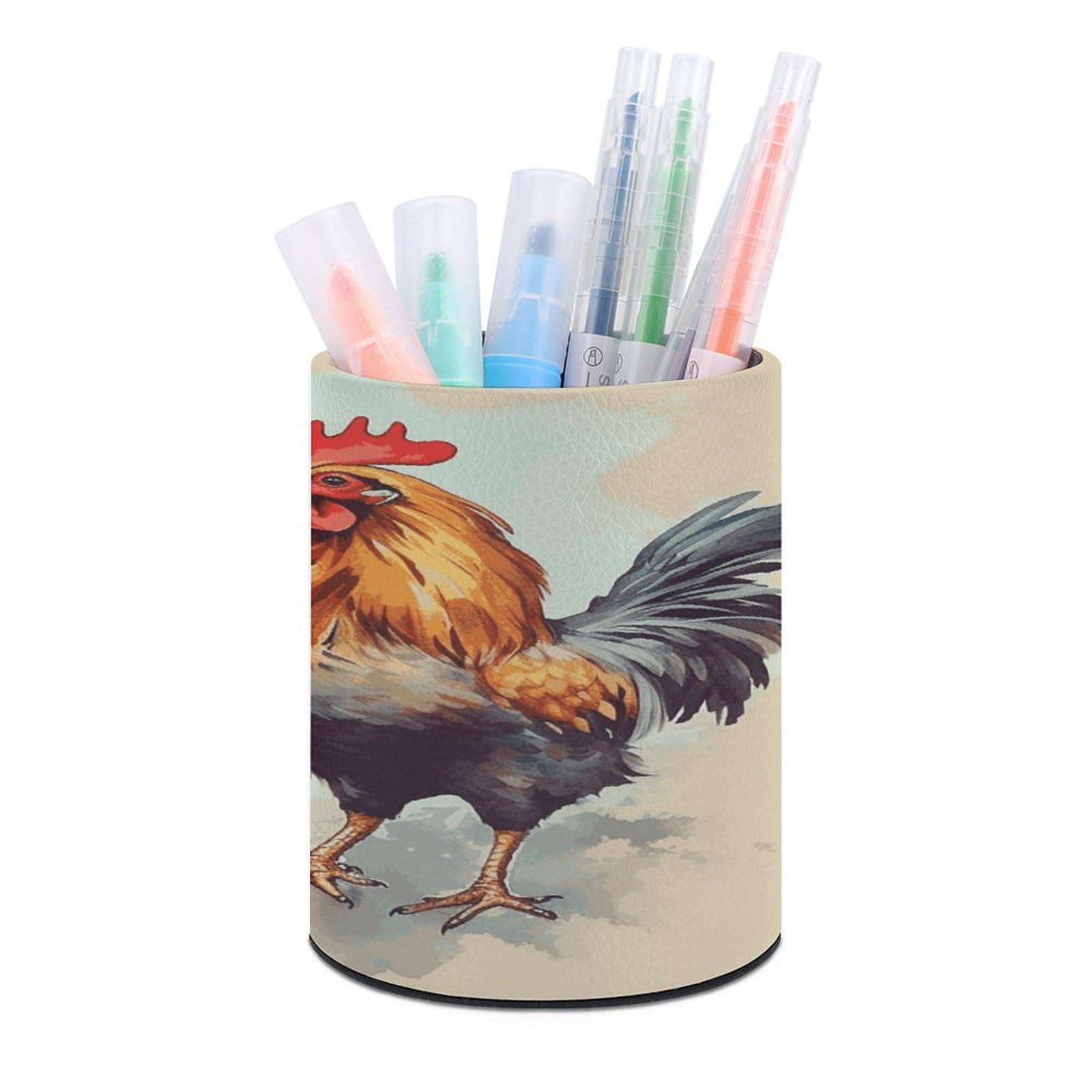 LDGSUPH Rooster And Hen Round Pen Holder Leather Pen Cup Pencil Cup Pen Organizer Pencil Holder for Desk Organizer Pencil Organizers Makeup Brush Holders for Home Office Gift
