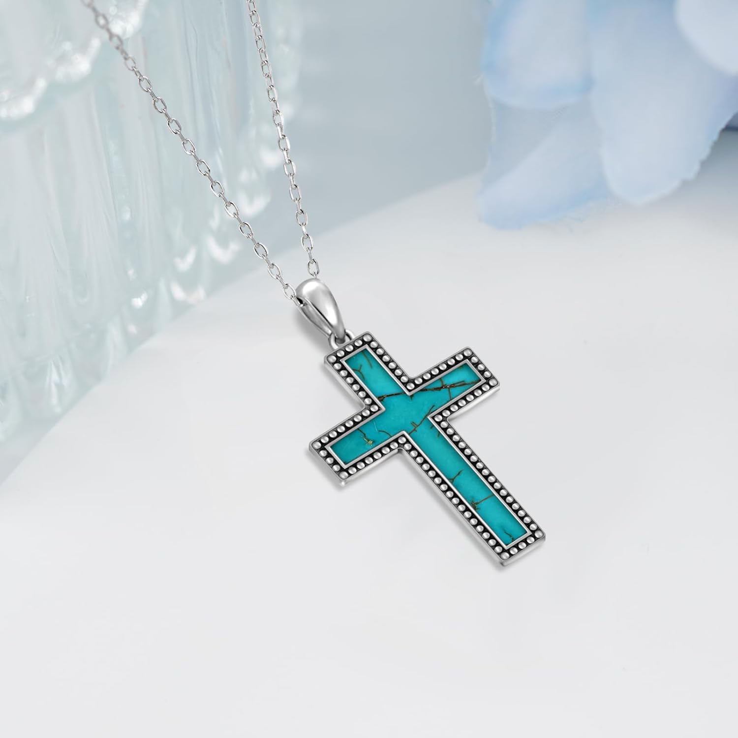 Genuine Turquoise Cross Necklace 925 Sterling Silver Real Turquoise Necklace Vintage Religious Western Jewelry for Women - Image 3