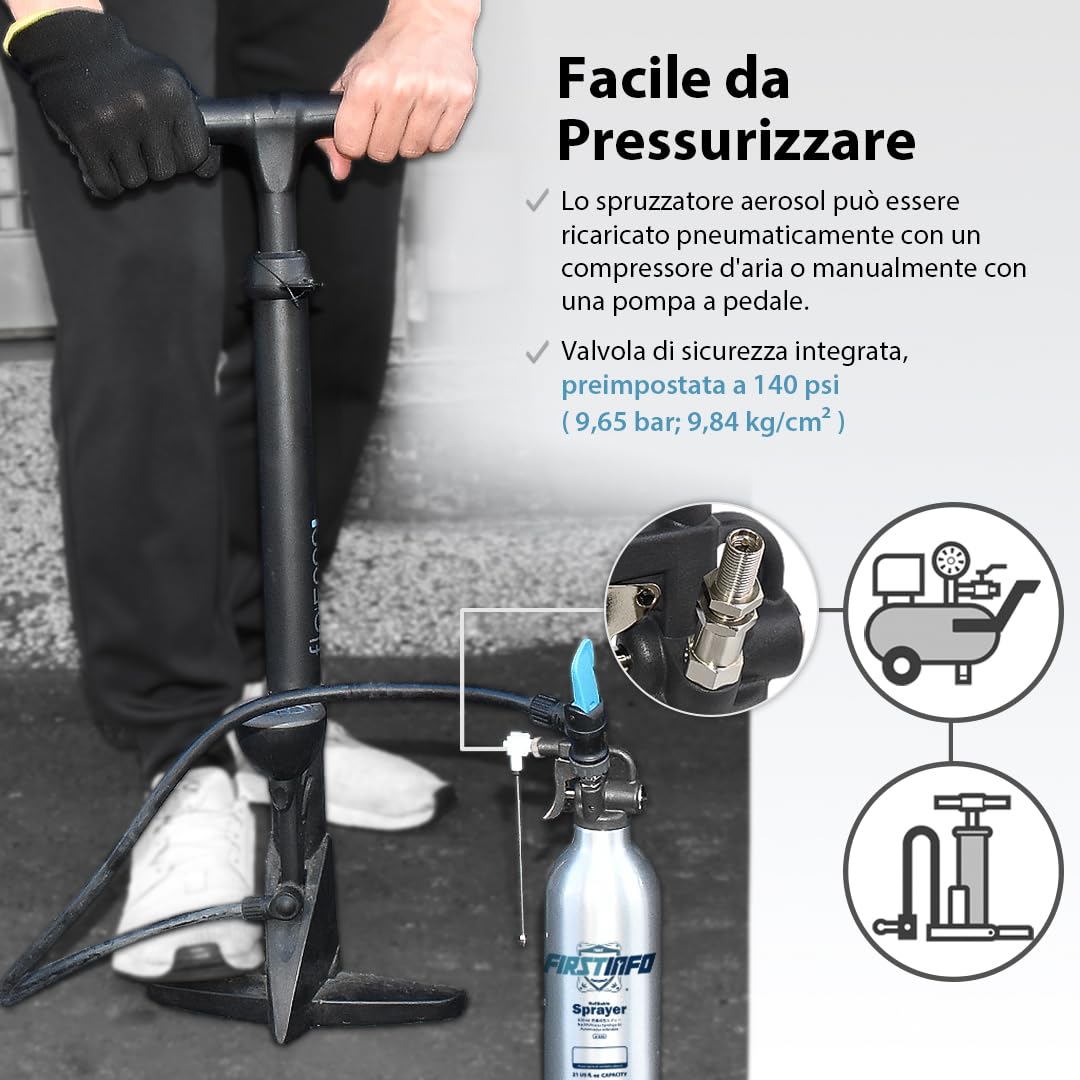 FIRSTINFO A1638 | Bottiglia spray riutilizzabile per pulitore freni 620 ml | Alluminio | Spruzzatore a pressione max 140 psi | Bomboletta aerosol spessa | Ugello two-way