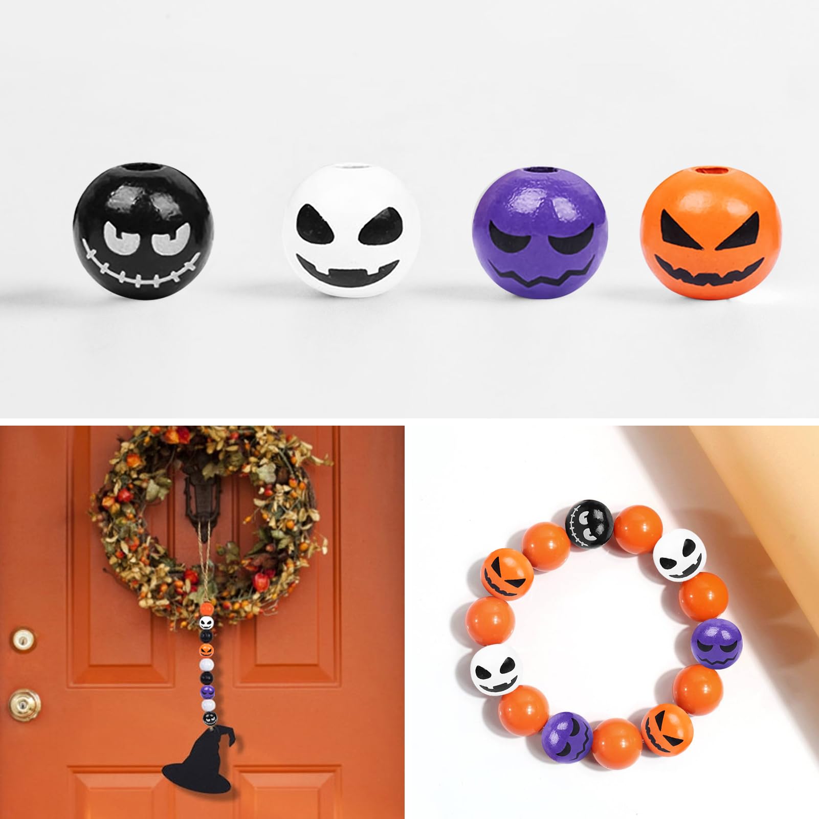 Craftdady Lot De 104 Perles Rondes En Bois D'Halloween De 15 à 16,5 Mm, Perles Focales En Forme De Citrouille, Araignée, Chauve-souris, Crâne, Chapeau De Sorcière, Perles En Bois Pour Travaux Manuels