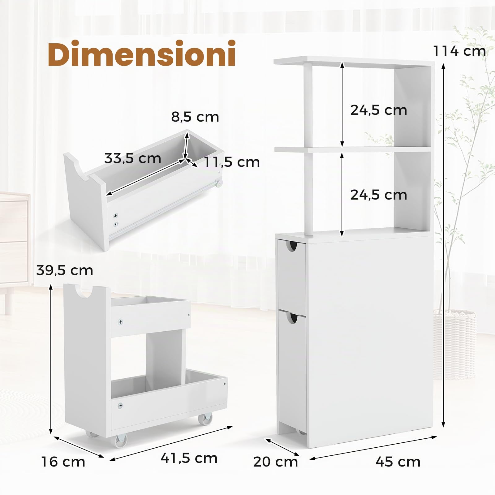 LIFEZEAL Mobile Bagno Salvaspazio Alto e Stretto, Colonna Bagno da Terra con Ripiani Aperti e Cassetti su Ruote, Organizer Armadio per Soggiorno e Cucina, Bianco, 45 × 20 × 114 cm