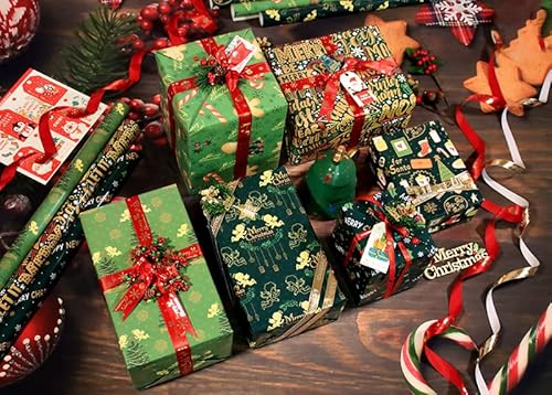 15 Blatt Weihnachten Geschenkpapier Set Für Kinder & Erwachsene,Recyceltes Weihnachtspapier 70 x 50 cm pro Blatt mit Juteschnüren,Geschenkanhänger und Schleife für Xmas Party Dekoration mit 15 Motive Cover
