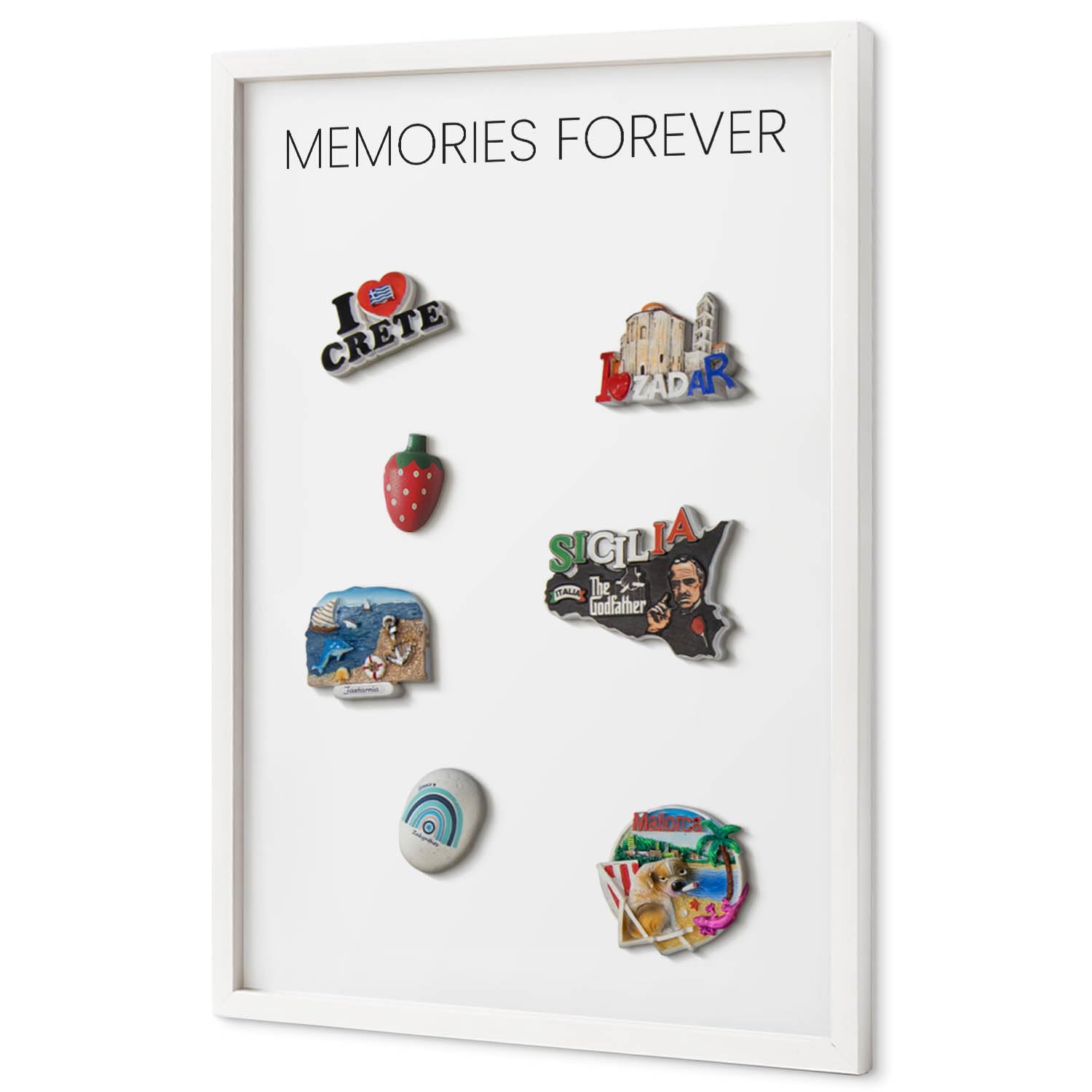 Tablero Imantado 40x60 cm | con Marco Blanco | Memories Forever | Montaje Fácil | Pizarra Magnética | Para Souvenirs de Viaje | Para Imanes Turísticos, Fotos Polaroid y Postales | Para Cocina