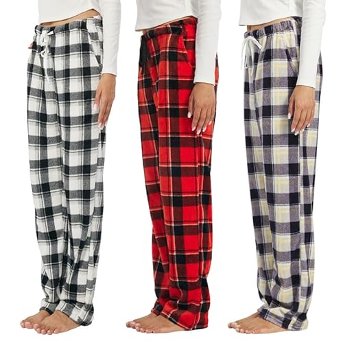 OAKVON 3-Pack Womens Fuzzy Pajama Pants – Soft Plaid PJ Bottoms with Pockets, Cozy Fleece Lounge Sleepwear Pants