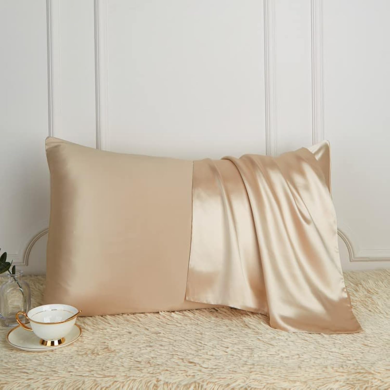 100% Mulberry Silk Pillowcase for Hair and Skin with Hidden Zipper Cotton Underside Standard Size - 19 Momme Charmeuse (Champange, Standard)