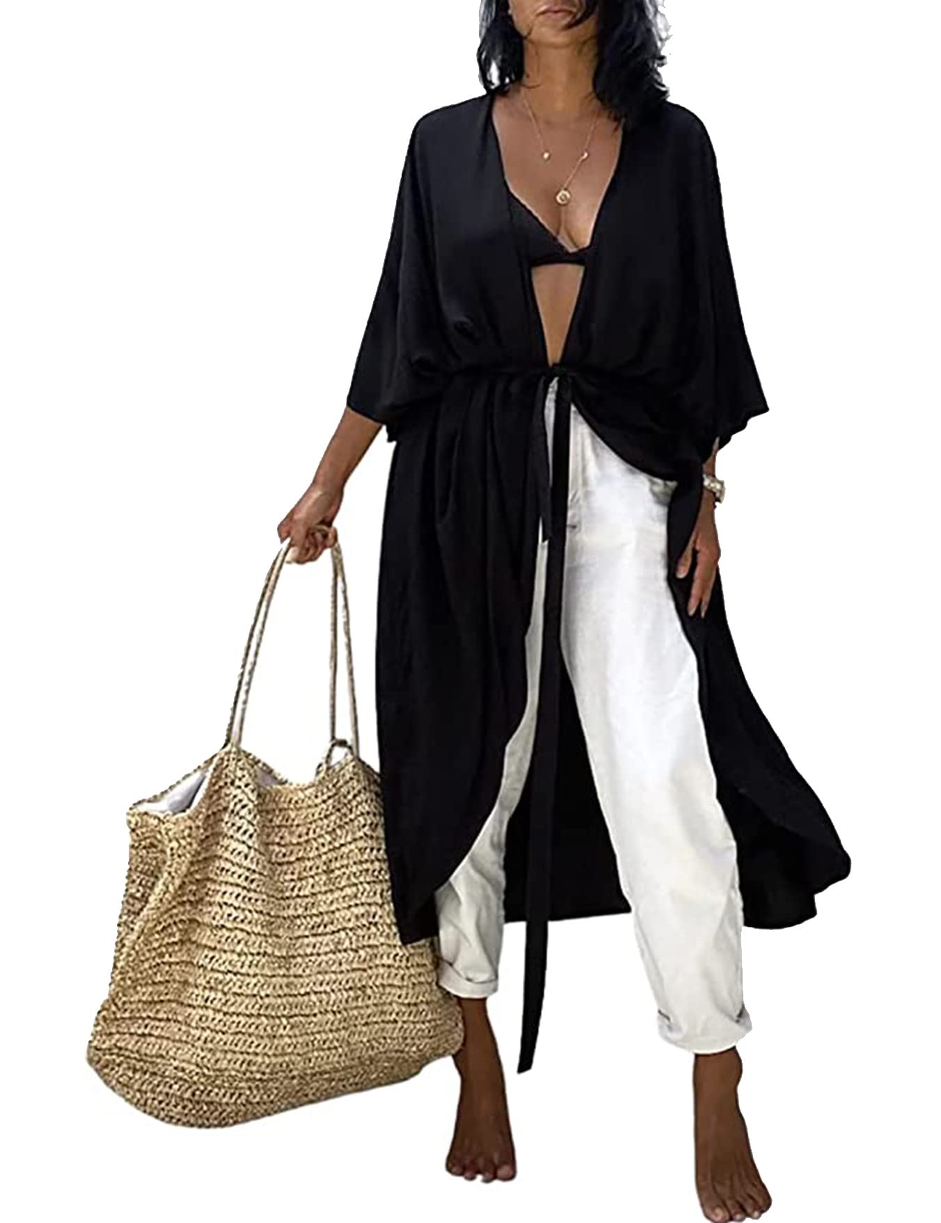 HYUET Mujer Kaftan Vestido de Playa Tie Dye Algodón Cárdigan Maxi Kimono Pareos y Camisola Camisas Playa Bohemia Boho Suelto Verano Traje de Baño Bikini Cover Up Talla Grande Elegante
