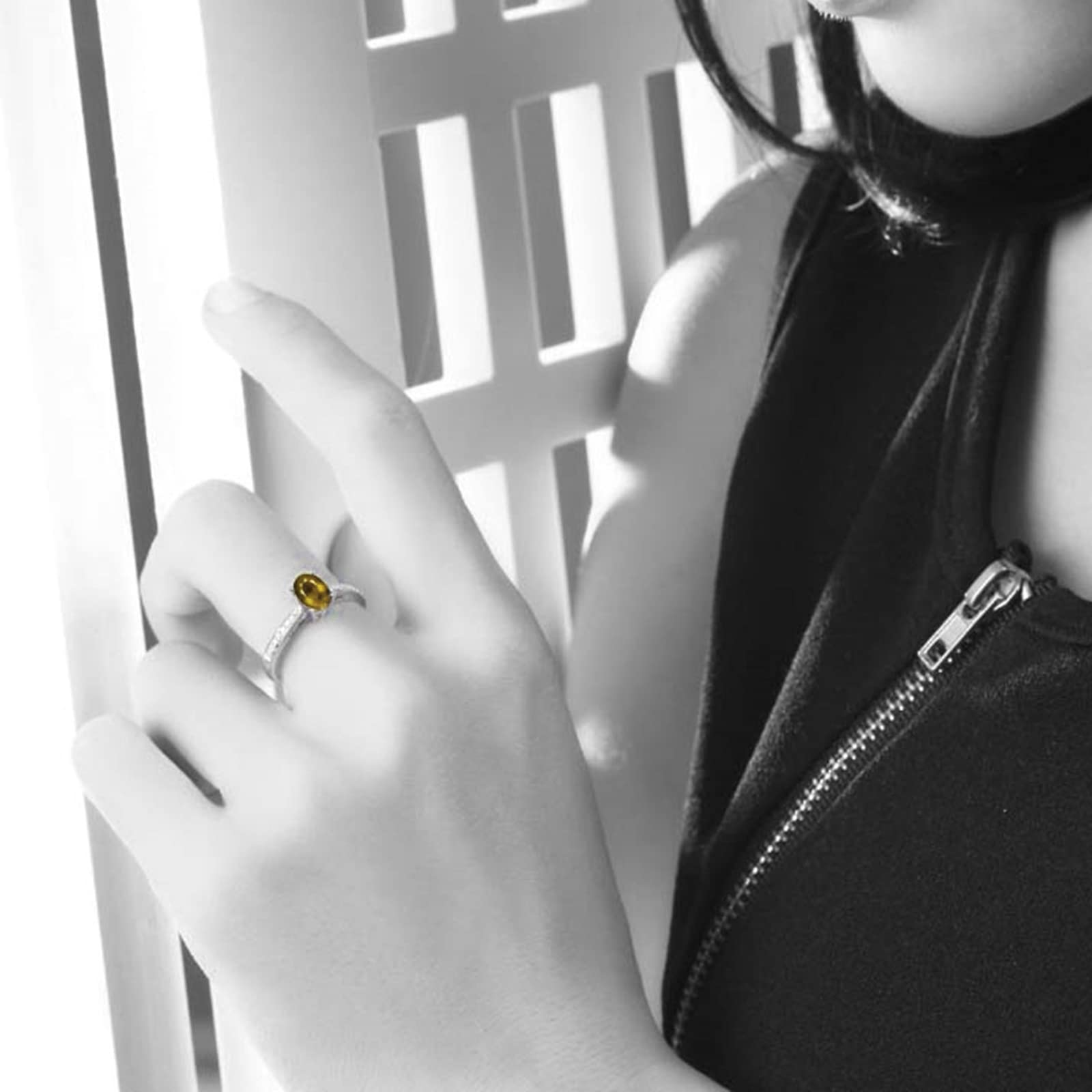 Daesar Anello Fidanzamento Donna, Anello da Donna in Argento 925 Classica 4 Griffe Ovale Zirconi Giallo Anello Anniversario Argento