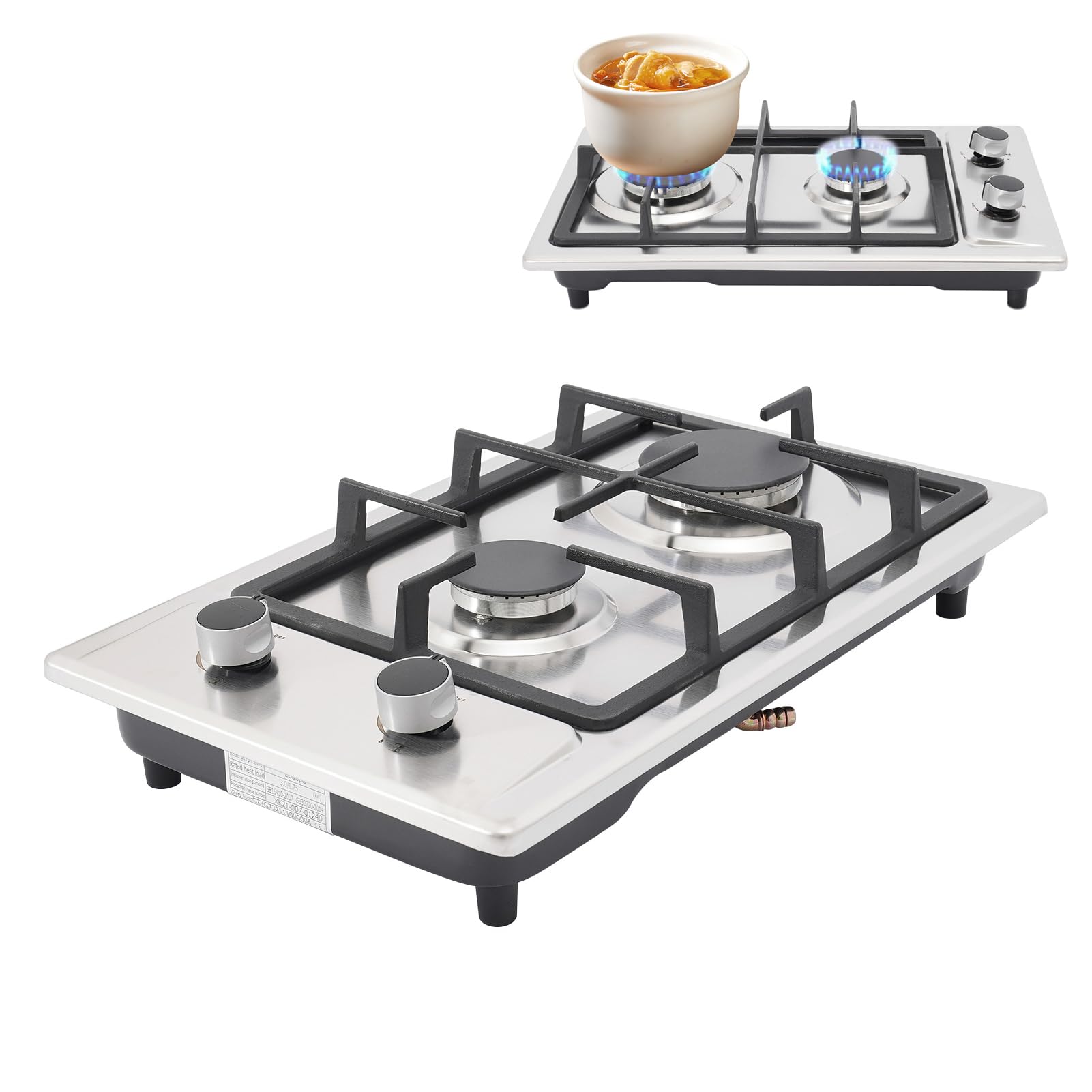 Cuisinière à gaz, 2 feux, avec tuyau de gaz et valve de réduction de pression, 3 kW + 1,75 kW, pour cuisine, bureau ou camping, plaque de cuisson électrique pour propane et gaz naturel, 2800 Pa