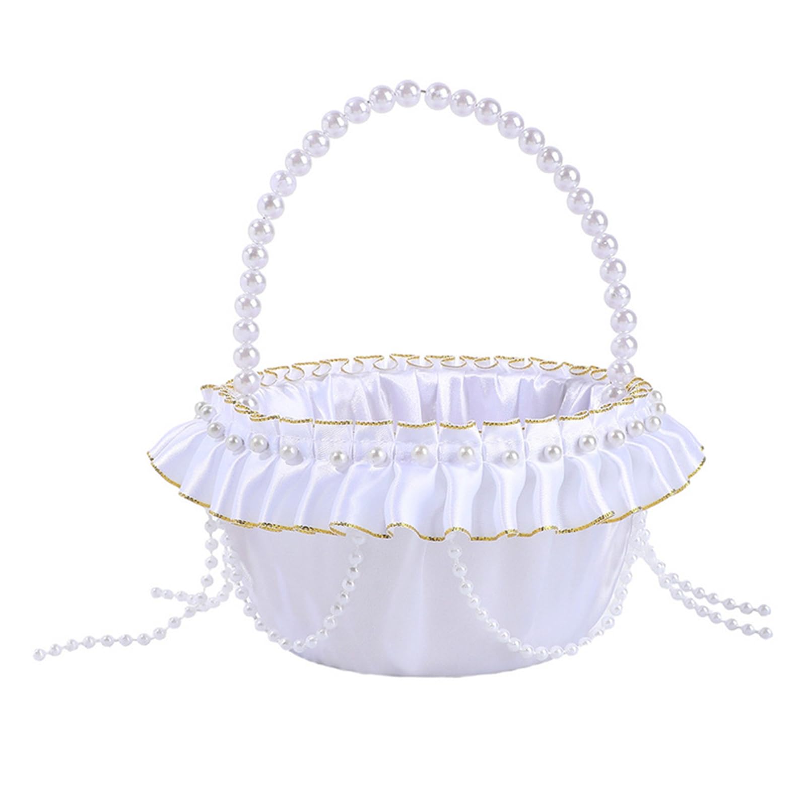 Kalttoy Pearls Decorated Flower Girl Basket Handcraft for Wedding Ceremonies and Special Occasions Polyester Flower Basket