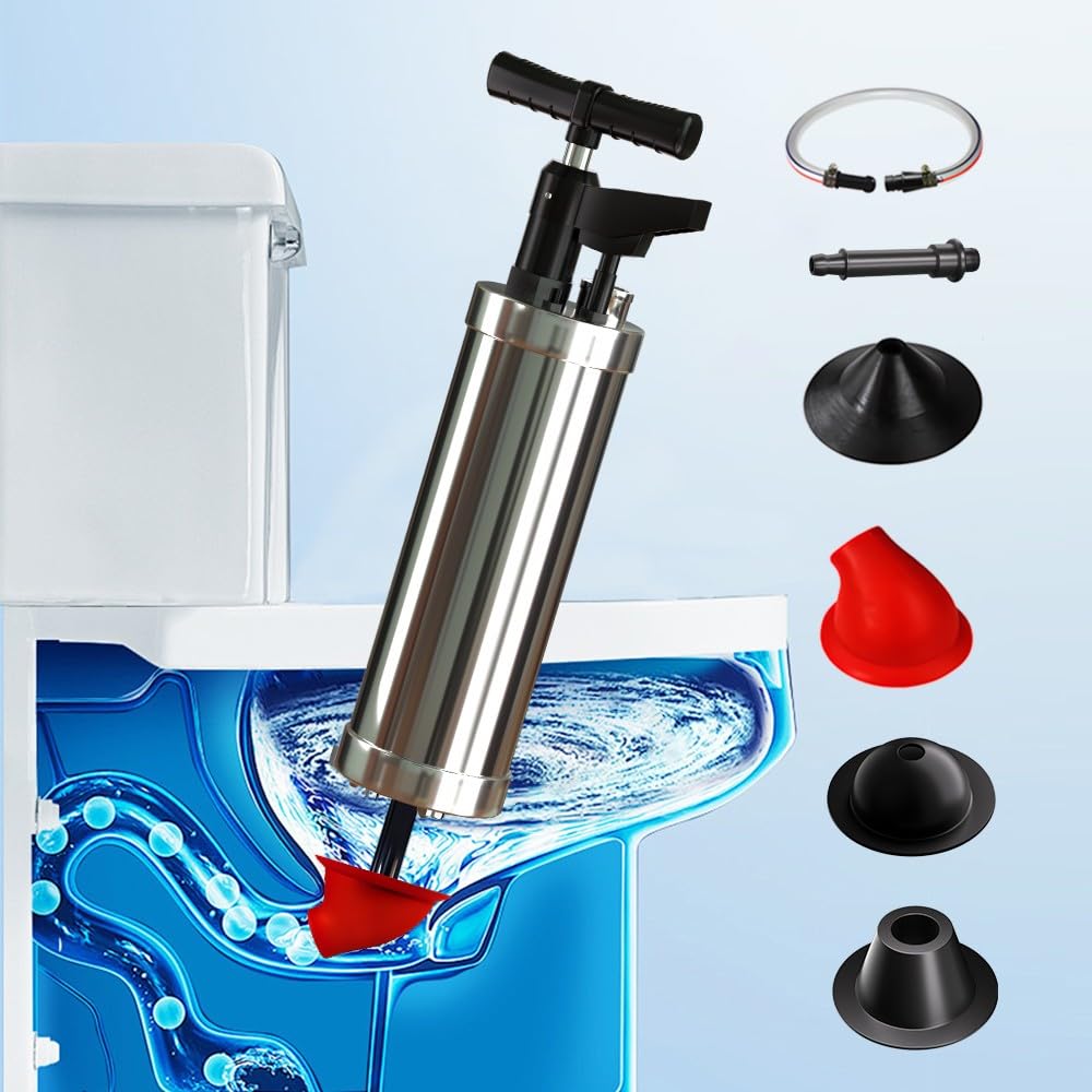 Sturascarici ad Alta Pressione con 4 Ventose, Stura Lavandini e Scarichi Professionale con Manometro, Pompa Stura Scarichi a Pressione, per Vasca da Bagno Cucina Bagno, Rosso