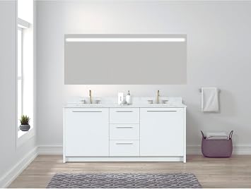 Nona 60" Solid Wood Double Sink Bathroom Vanity with LED Mirror | Marble Countertop & Backsplash | Soft Closing Doors & Drawers | Nickel Brushed Handles | White Cabinet Ceramic Sink | Pre-Assembled