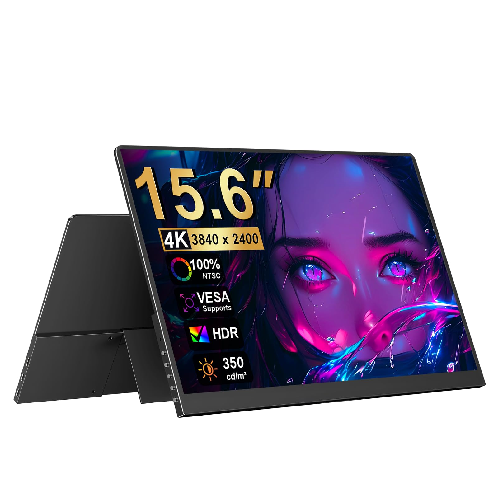 Golday Monitor portátil 4K 3840 x 2400 UHD 1500:1, contraste VESA y soporte 100% NTSC, pantalla exterior para ordenador, mini consolas de videojuegos 16:10 (negro carbono)