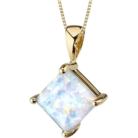 PEORA 14K Yellow Gold Created White Opal Pendant for Women, Classic Solitaire, Princess Cut, 8mm, 1 Carat total, October Birthstone Necklace, Fire Opal Necklace, For Jewelry Gift & Everyday Wear