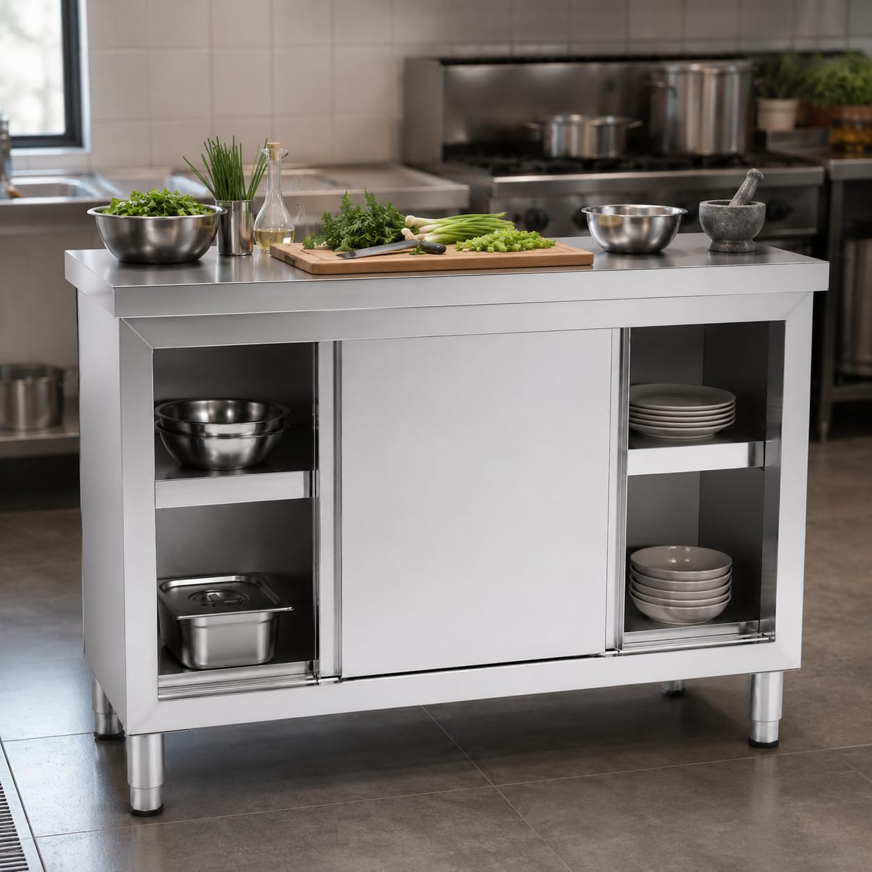 Mesa de trabajo (acero inoxidable, con puertas correderas, mueble de almacenamiento de cocina, de acero inoxidable, armario bajo para preparación, restaurante hotel cantina bar, laboratorio