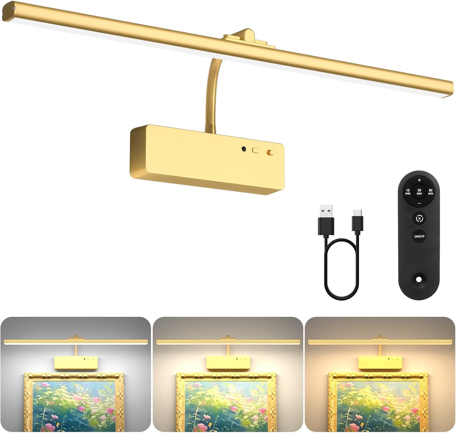 Lightbiz Picture Lights for Wall, 5400mAh Rechargeable Wall Lights with Remote, Dimmable and 3 Colour Temperatures Paintings Light Battery Operated, Art Display Lighting with Timer Function – Gold