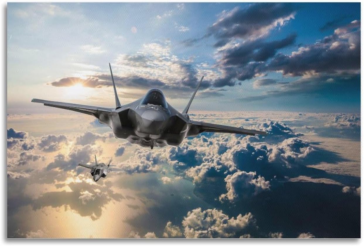 F-35 Lightning II Fighter Military Poster Sunset Aircraft Landscape Picture US Military Aircraft Wall Art Boy Bedroom Cool Aircraft Wall Decor Office Aviation Aircraft Large Wall Art Gift Canvas Wall