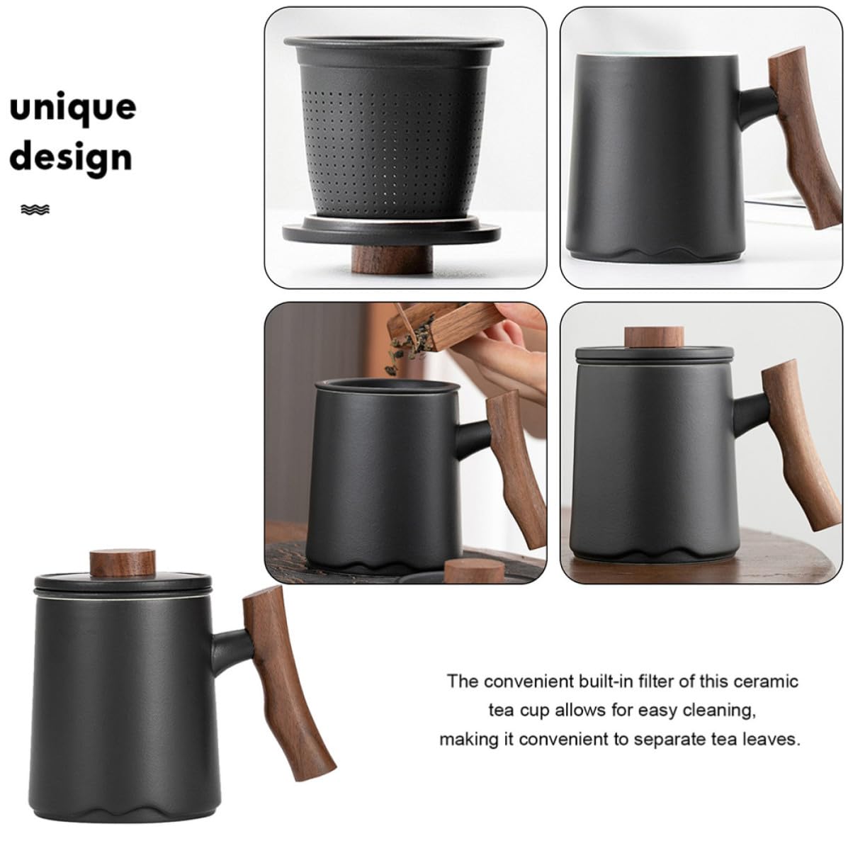 Taza de Cerámica con Filtro Incorporado y Mango de Madera de 360ml, Diseño Elegante y Capacidad Grande para Diversas Ocasiones