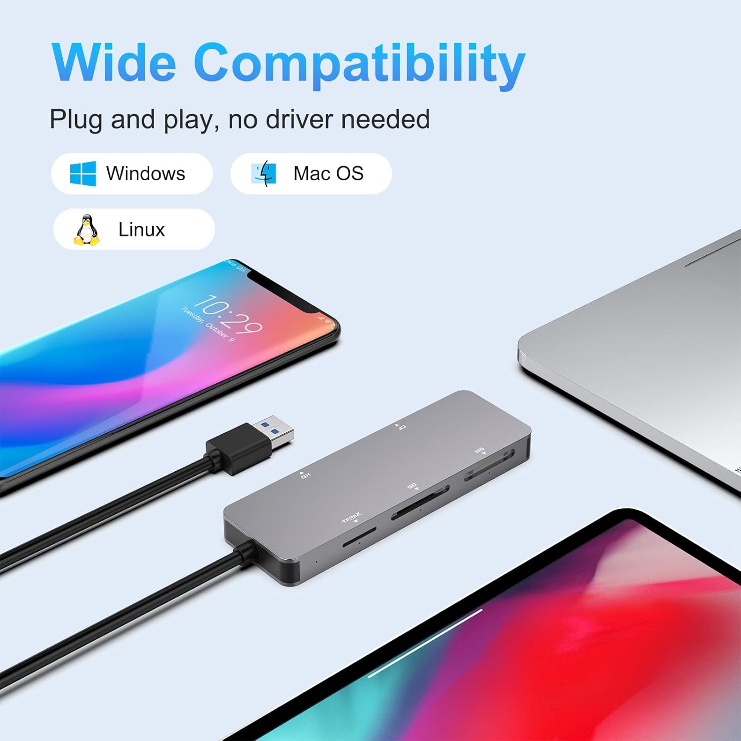 6-in-1 USB3.0 Multi Card Reader, USB 3.0 Memory Card Reader for SD SDXC SDHC Micro SD CF XD M2 MS MMC Camera Memory Card, Multi USB Card Reader/Writer(5Gbps) SD Card Reader for Windows,Mac OS,Linux